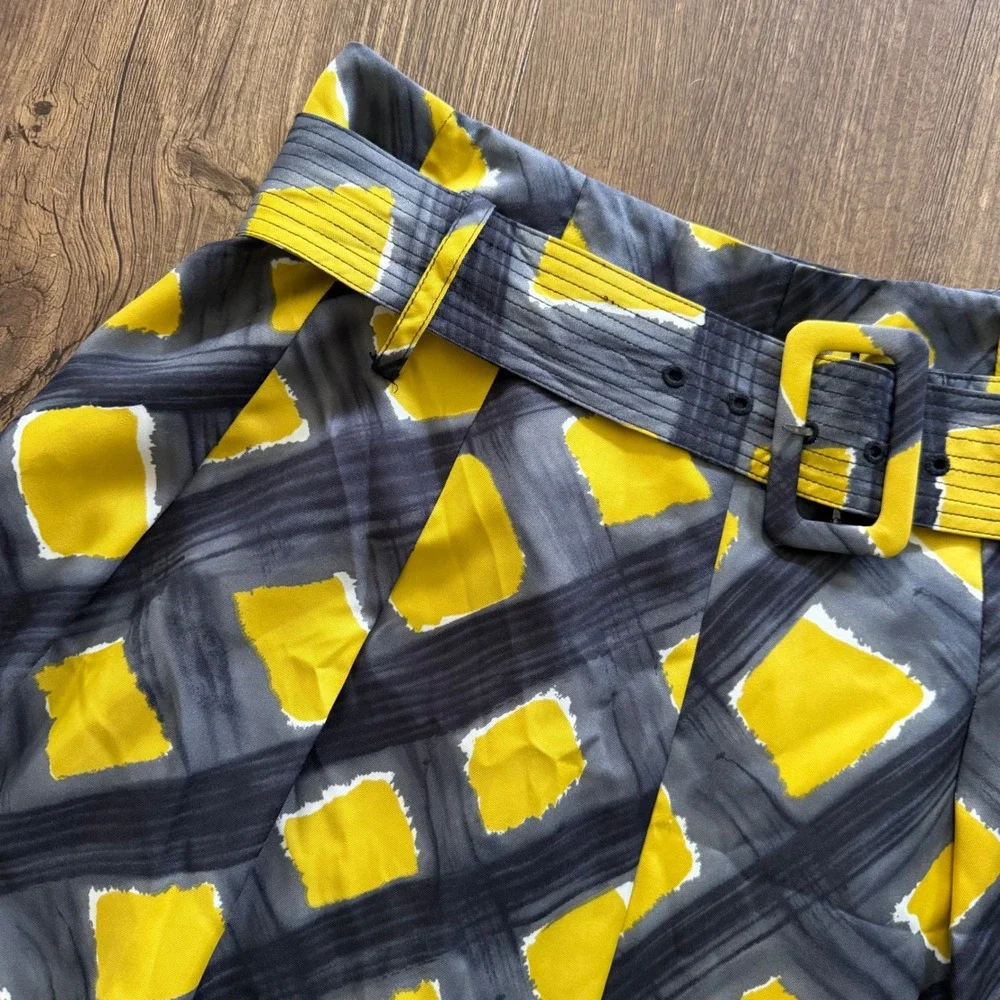 The Limited A-Line Skirt Women Large Yellow Grey Abstract Belted Geometric Mini